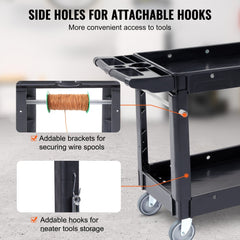 Utility Service Cart, 40 x 17 x 33 In - 2 Shelf 550LBS Heavy Duty Plastic Rolling Utility Cart with 360° Swivel Wheels, Medium Lipped Shelf, Ergonomic Storage Handle for Warehouse/Garage/Cleaning/Office