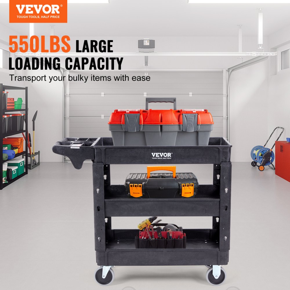 Utility Service Cart, 3 Shelf 550LBS Heavy Duty Plastic Rolling Utility Cart with 360° Swivel Wheels (2 with Brakes), Medium Lipped Shelf, Ergonomic Storage Handle for Warehouse/Garage/Cleaning