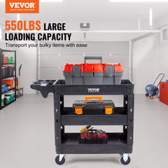 Utility Service Cart, 3 Shelf 550LBS Heavy Duty Plastic Rolling Utility Cart with 360° Swivel Wheels (2 with Brakes), Medium Lipped Shelf, Ergonomic Storage Handle for Warehouse/Garage/Cleaning