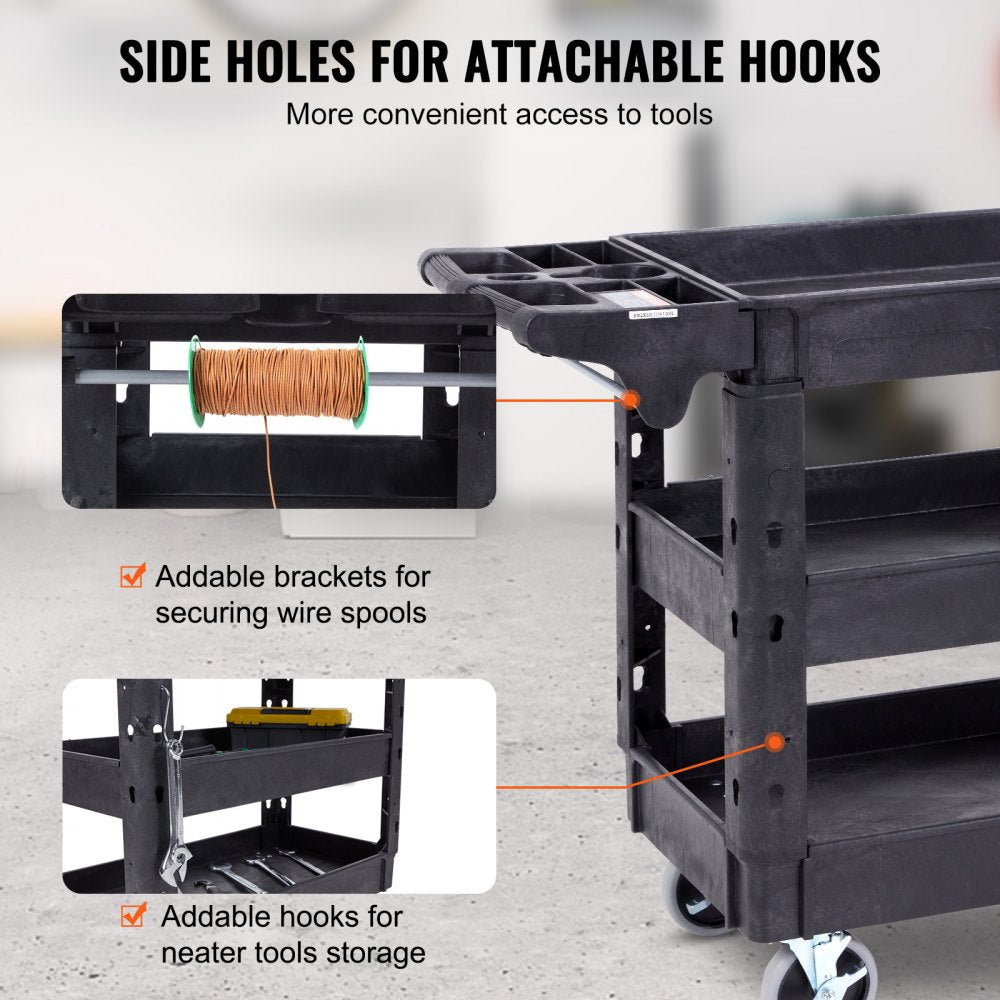 Utility Service Cart, 3 Shelf 550LBS Heavy Duty Plastic Rolling Utility Cart with 360° Swivel Wheels (2 with Brakes), Medium Lipped Shelf, Ergonomic Storage Handle for Warehouse/Garage/Cleaning