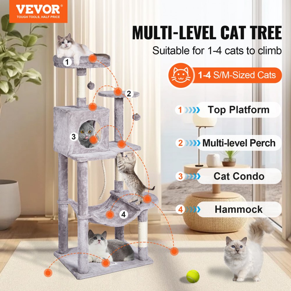 Cat Tree 56.2" Cat Tower with Cat Condo Sisal Scratching Post Light Grey
