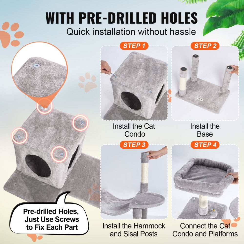 Cat Tree 56.2" Cat Tower with Cat Condo Sisal Scratching Post Light Grey