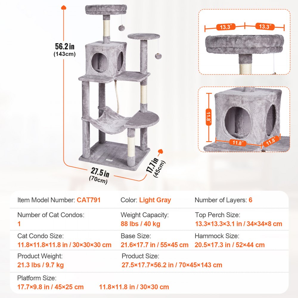 Cat Tree 56.2" Cat Tower with Cat Condo Sisal Scratching Post Light Grey