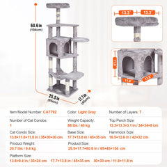 Cat Tree 60.6" Cat Tower with Cat Condo Sisal Scratching Post Light Grey