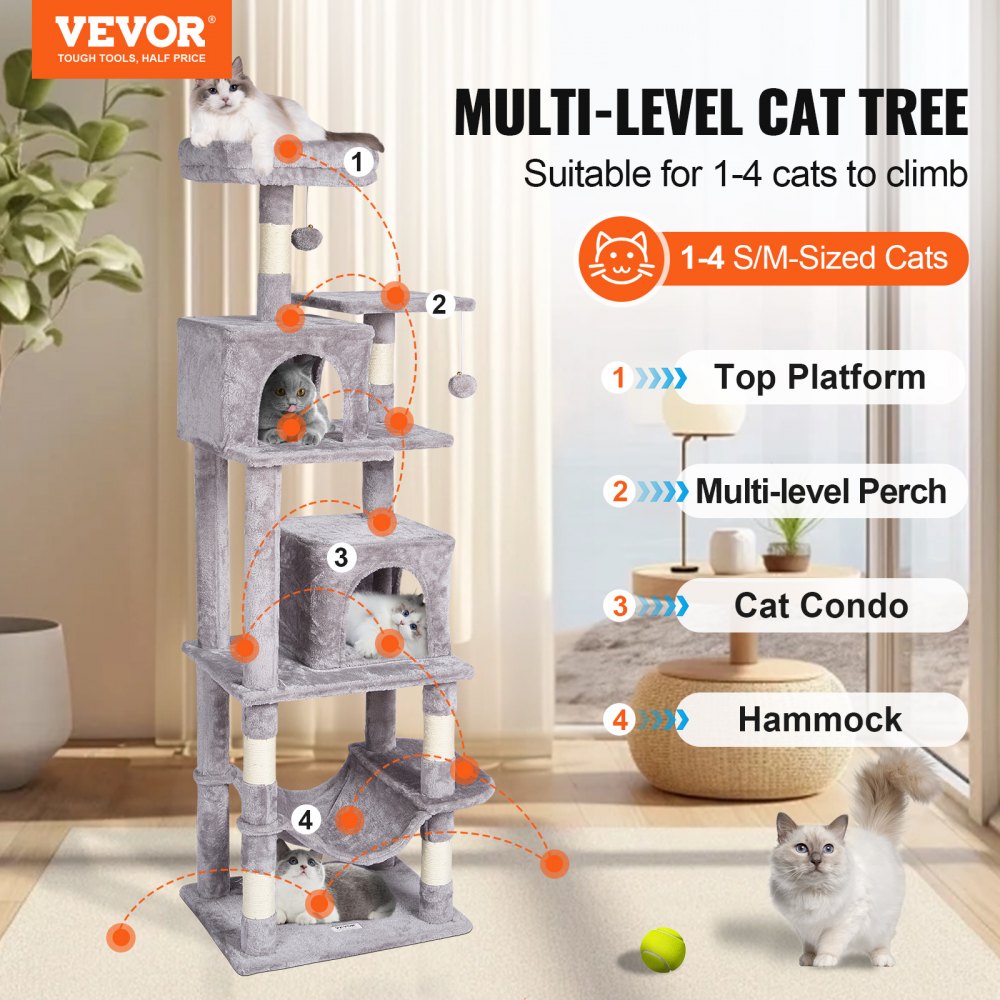 Cat Tree 63" Cat Tower with 2 Cat Condos Sisal Scratching Post Light Grey