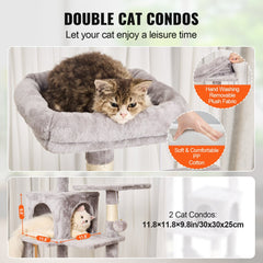 Cat Tree 63" Cat Tower with 2 Cat Condos Sisal Scratching Post Light Grey