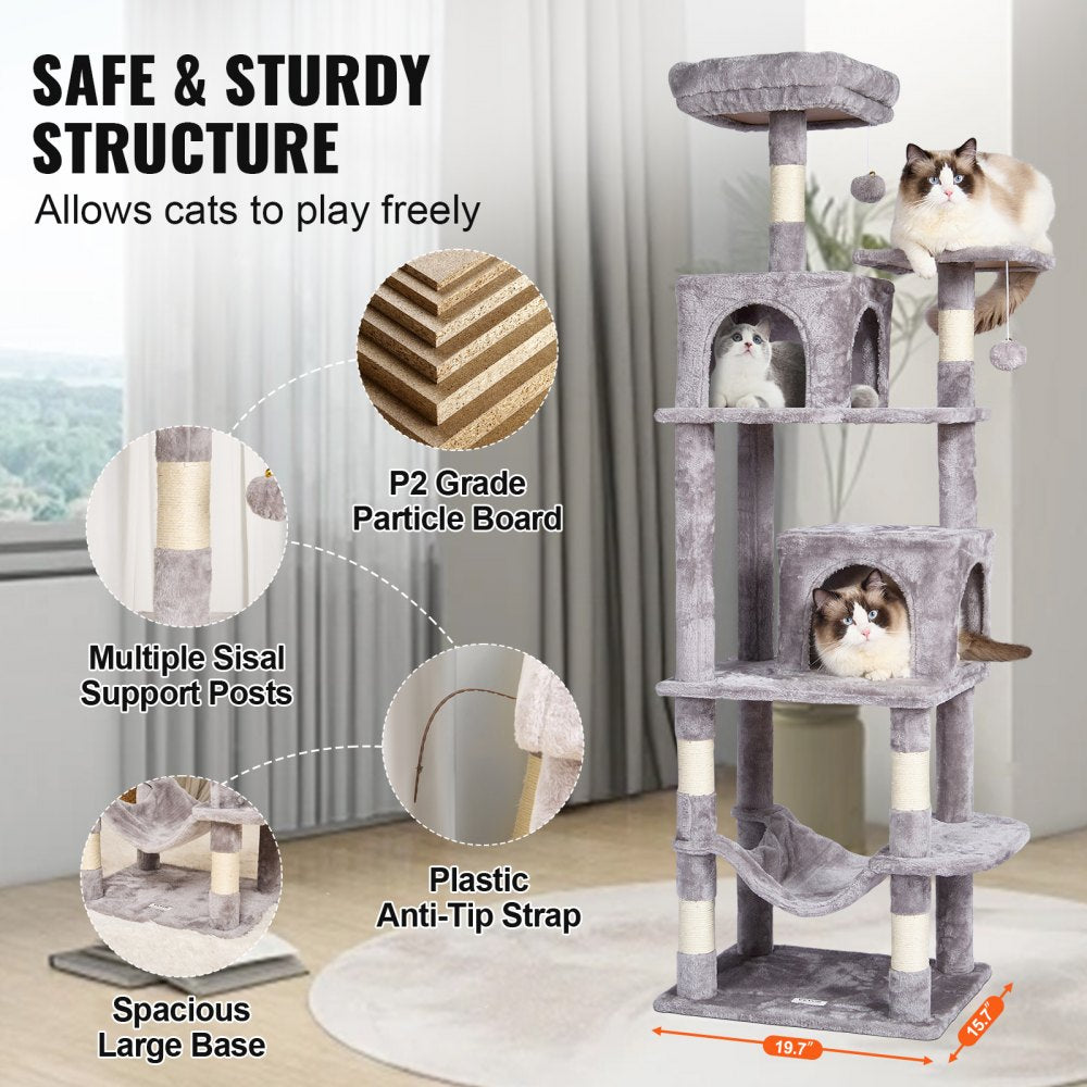 Cat Tree 63" Cat Tower with 2 Cat Condos Sisal Scratching Post Light Grey