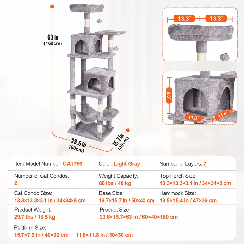 Cat Tree 63" Cat Tower with 2 Cat Condos Sisal Scratching Post Light Grey