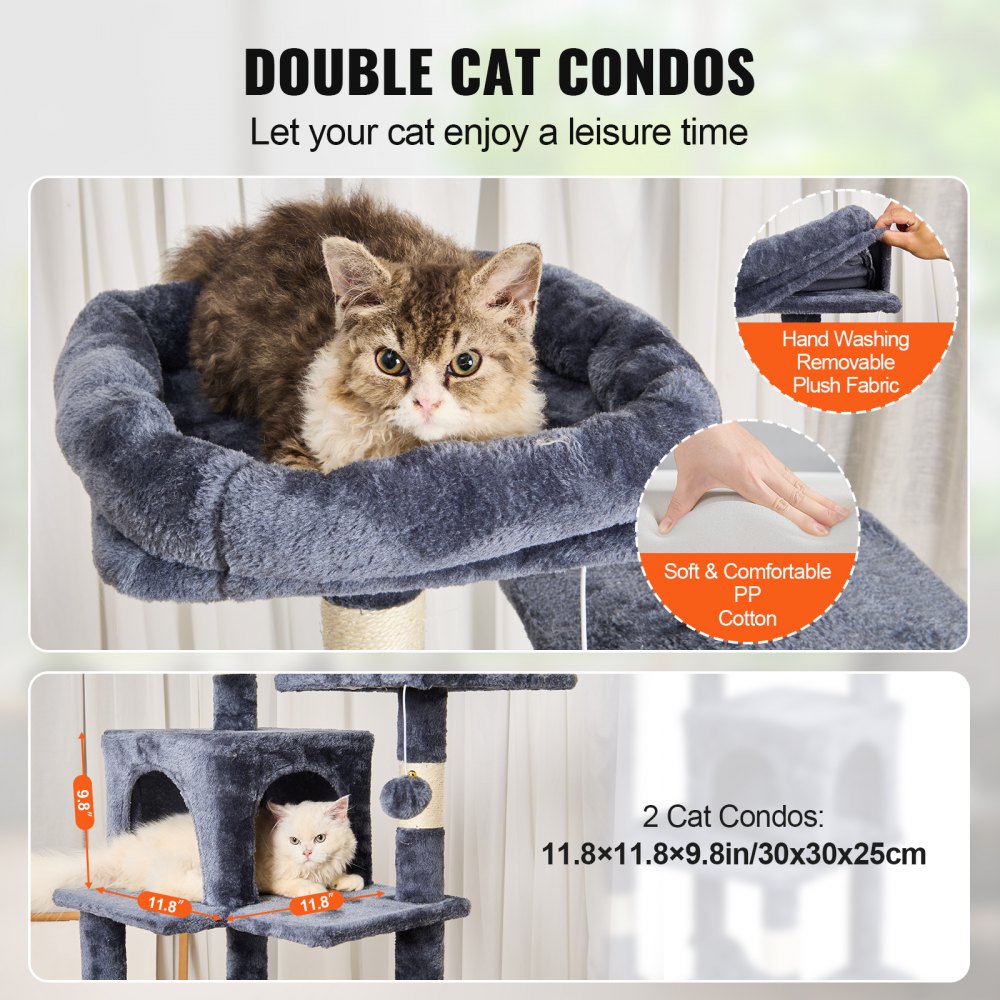 Cat Tree 63" Cat Tower with 2 Cat Condos Sisal Scratching Post Light Grey