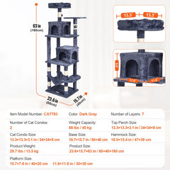 Cat Tree 63" Cat Tower with 2 Cat Condos Sisal Scratching Post Light Grey
