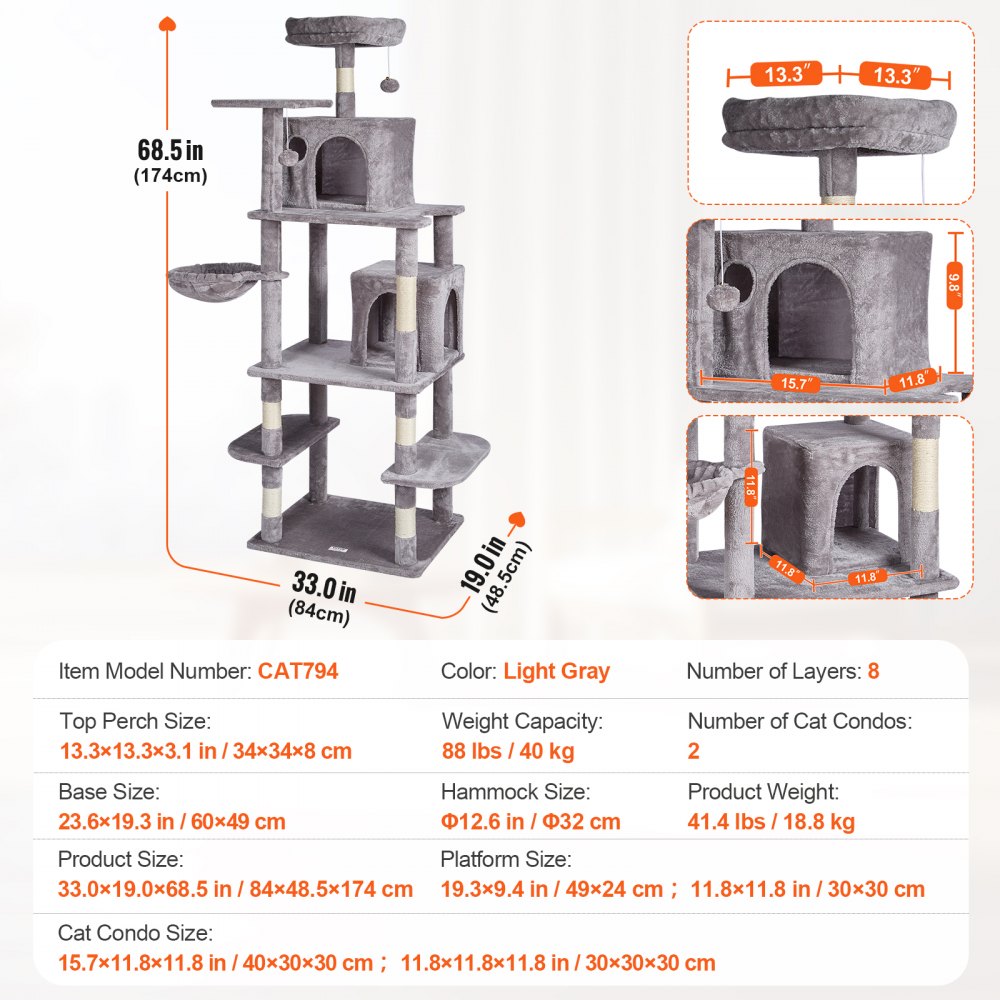 Cat Tree 68.5" Cat Tower with Cat Condos Sisal Scratching Post Light Grey