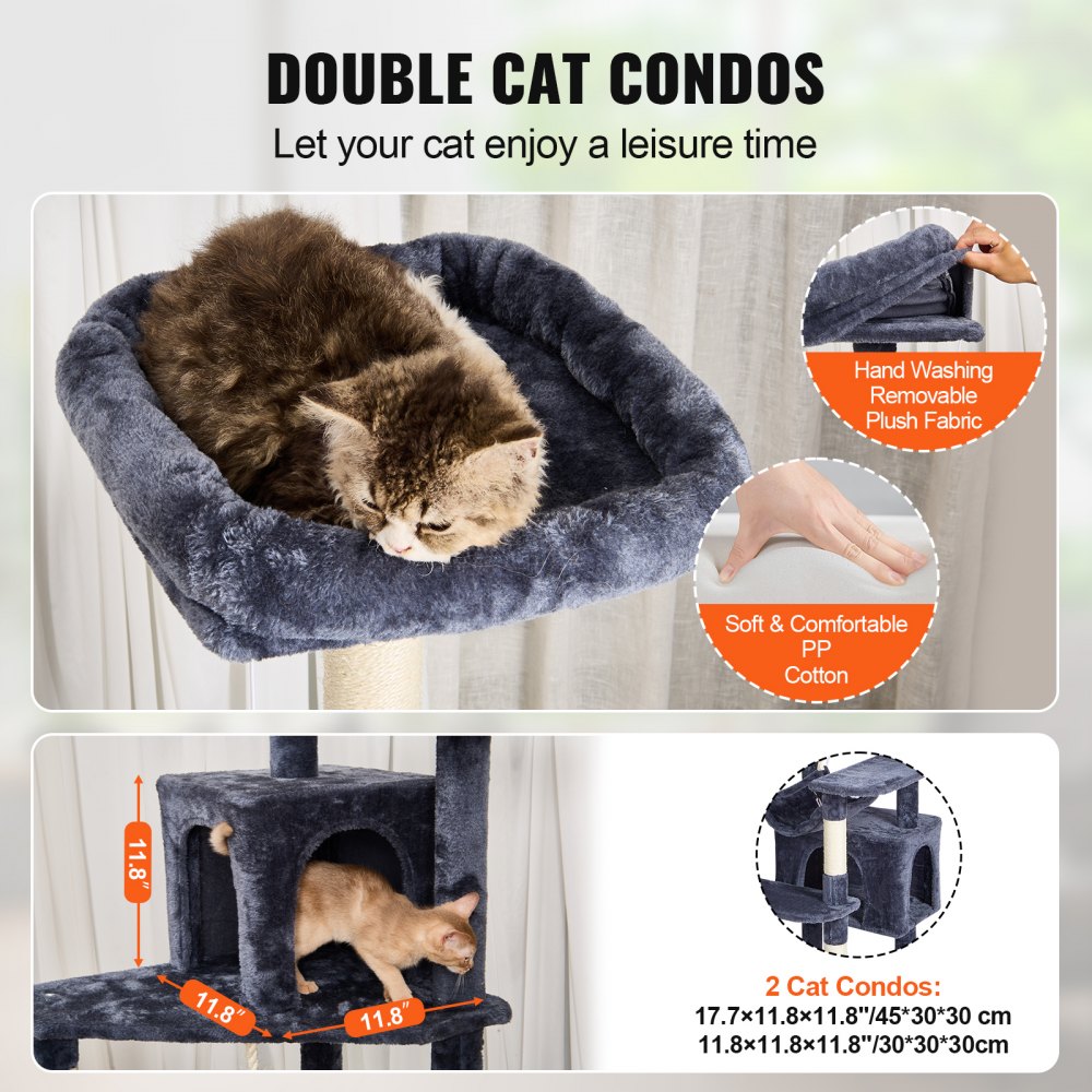 Cat Tree 72" Cat Tower with 2 Cat Condos Sisal Scratching Post Dark Grey