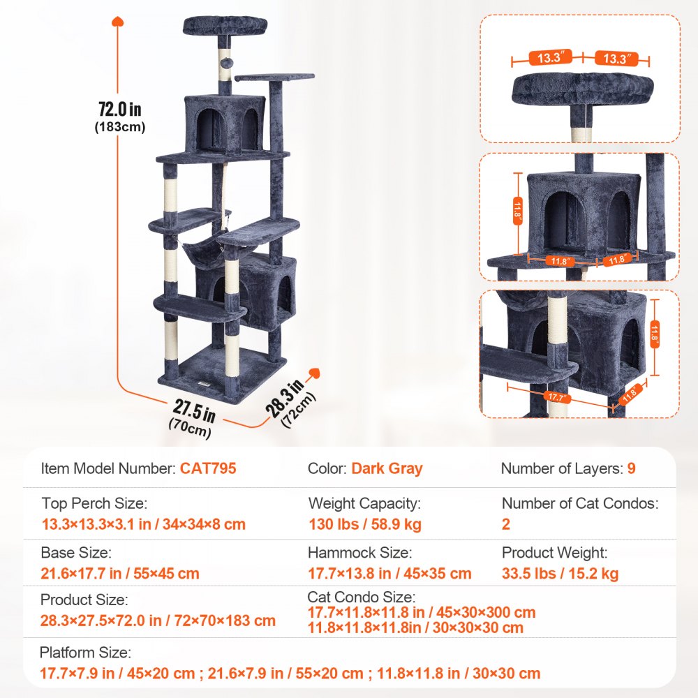 Cat Tree 72" Cat Tower with 2 Cat Condos Sisal Scratching Post Dark Grey
