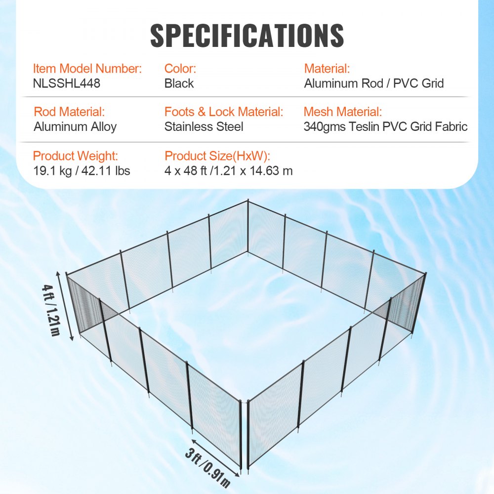 Pool Fence, 4 x 48 FT Pool Fences for Inground Pools, Removable Child Safety Pool Fencing, Easy DIY Installation Swimming Pool Fence, 340gms Teslin PVC Pool Fence Mesh Protects Kids and Pets
