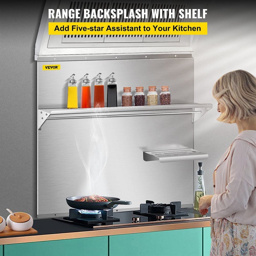 Stainless steel backsplash with dual storage shelves and knife rack, wall-mounted design.