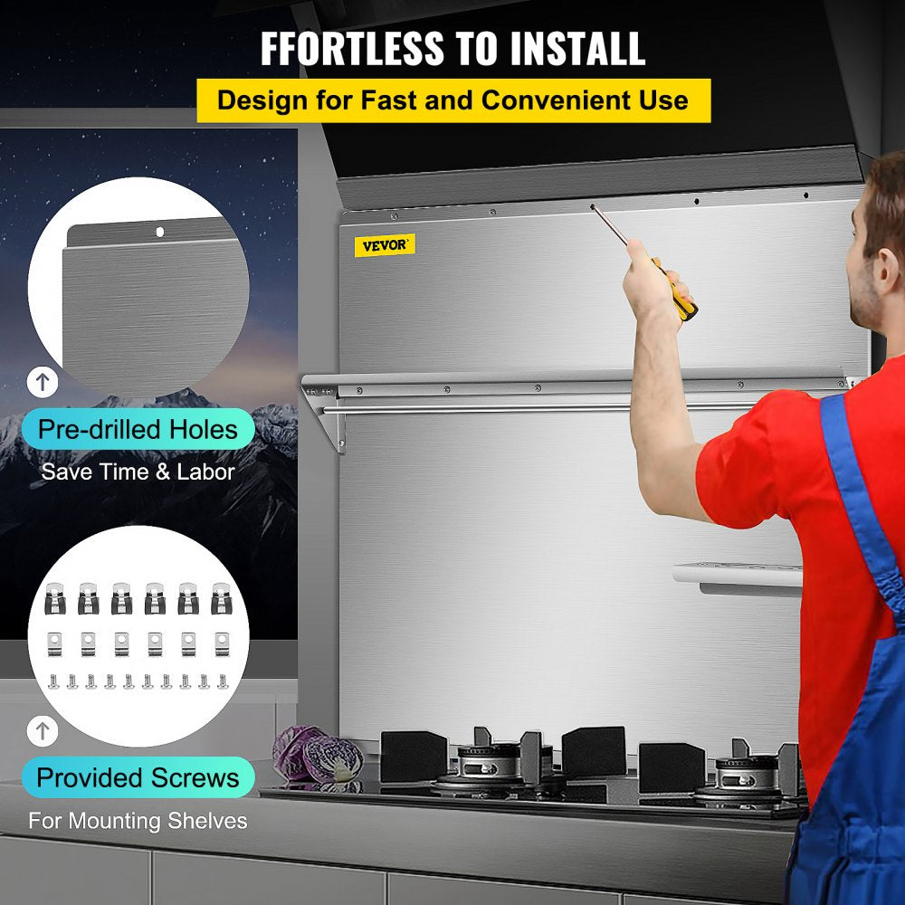 Stainless steel backsplash with dual storage shelves and knife rack for kitchen organization.