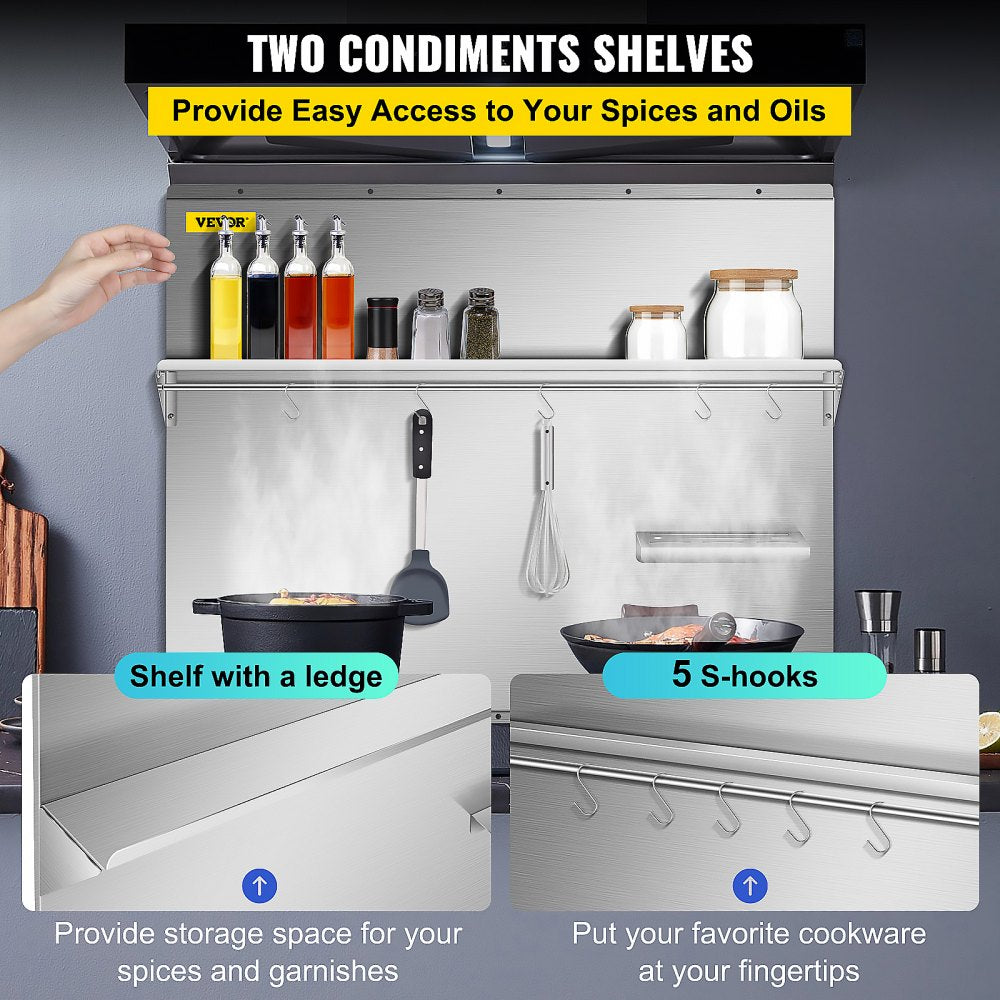 Stainless steel backsplash with dual storage shelves and knife rack for kitchen organization.