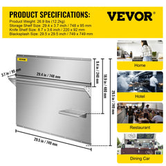 Stainless steel backsplash with dual storage shelves and knife rack for kitchen organization.