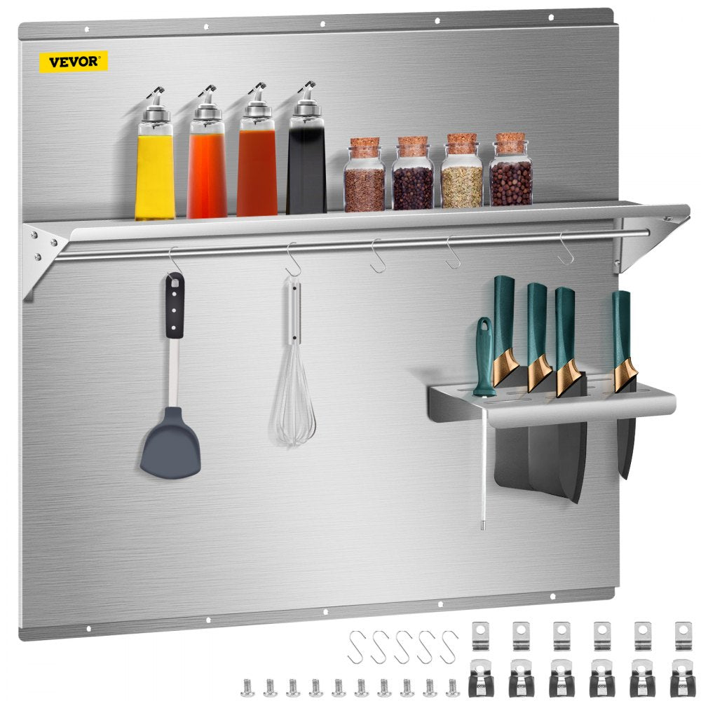 Bostome 29.5" stainless steel backsplash with dual storage shelves and knife rack.