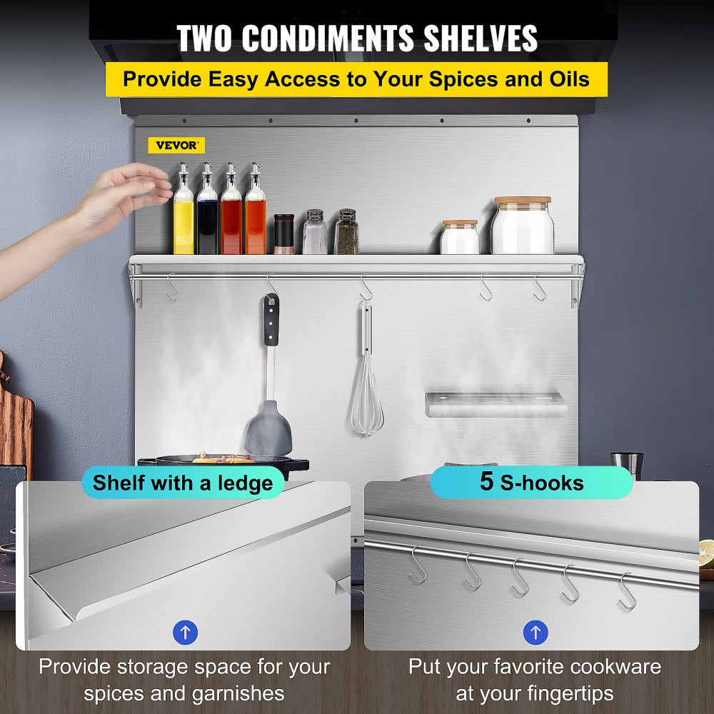 Stainless steel range backsplash measuring 30x30.7 inches with shelf, 5 S-hooks, and utensil storage.