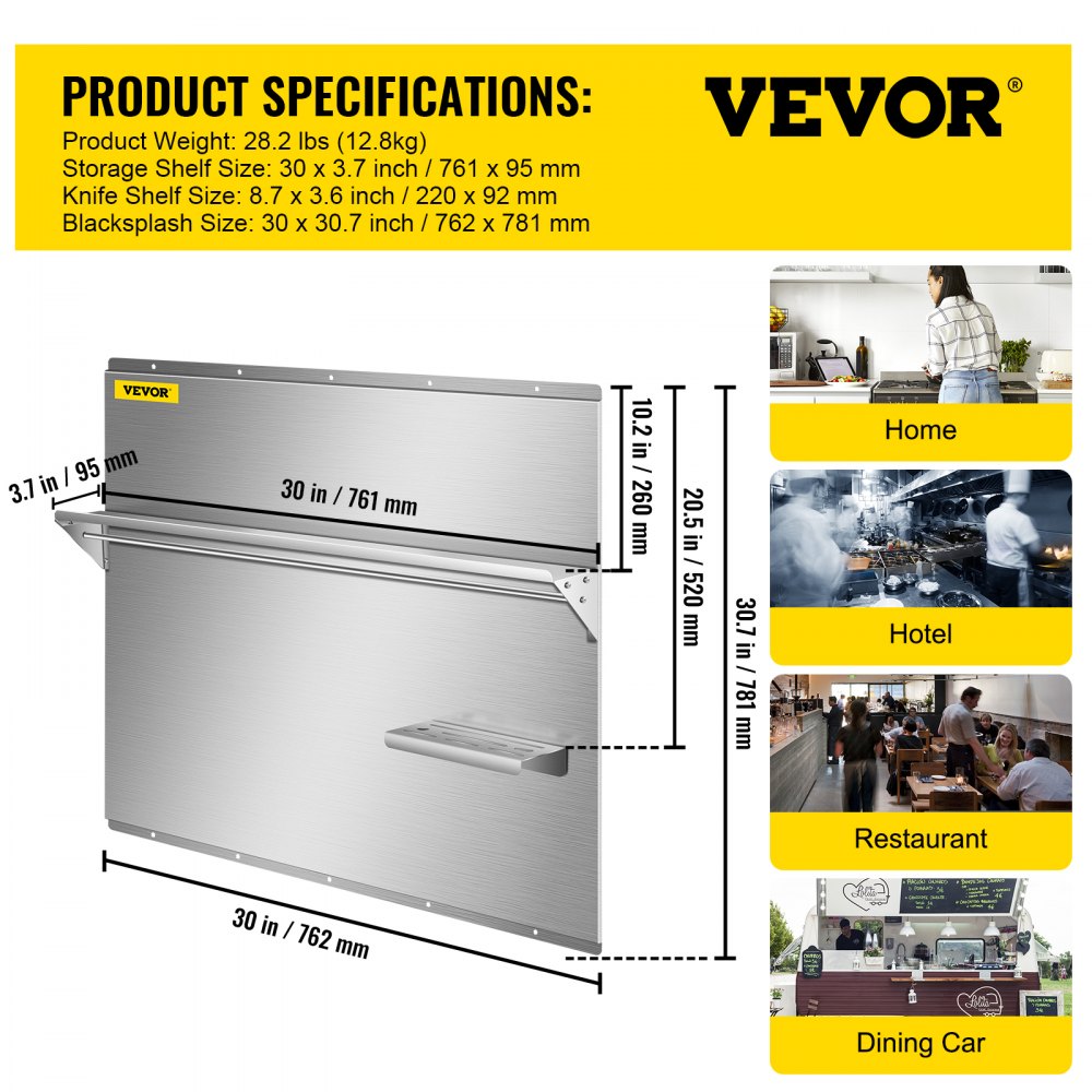 Stainless steel range backsplash measuring 30 by 30.7 inches with integrated shelf.