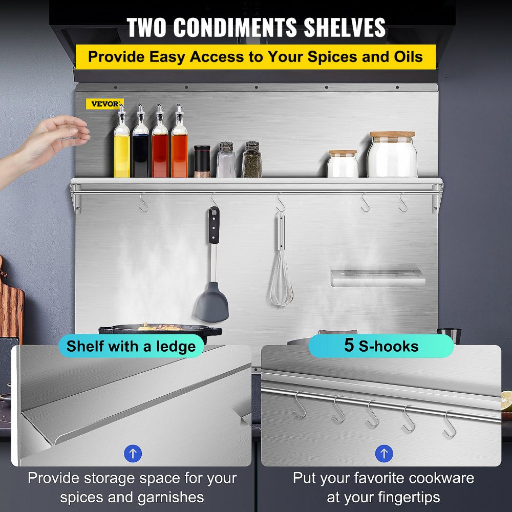 Bostome 36" stainless steel backsplash with dual storage shelves and knife holder.