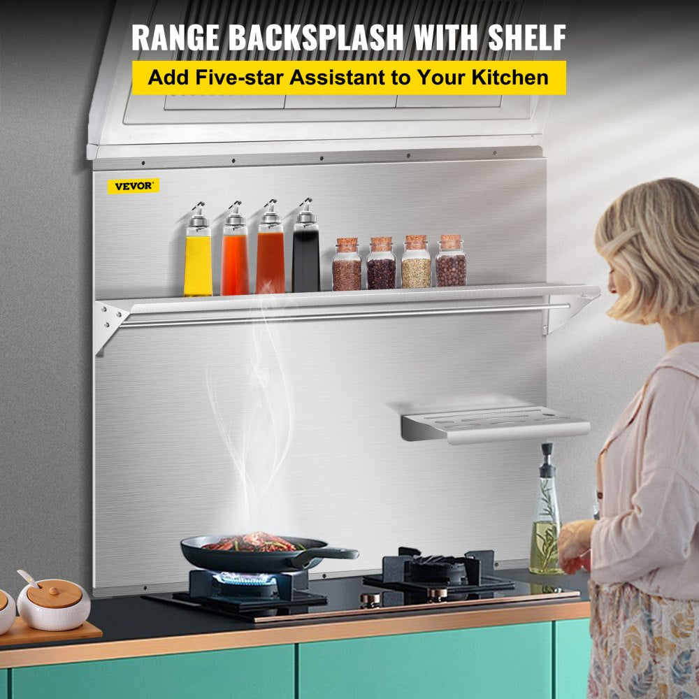 Bostome 36" stainless steel range backsplash with dual storage shelves and knife rack.