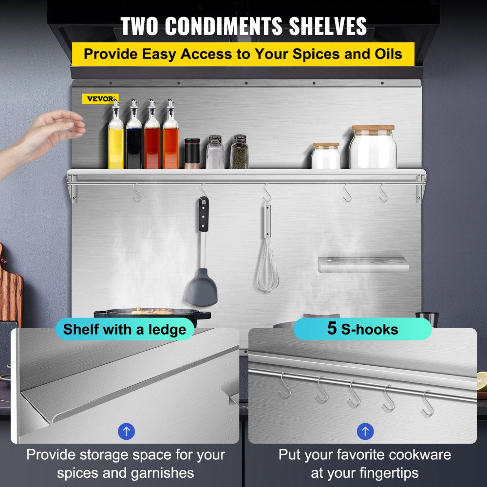 Bostome 36" stainless steel backsplash with dual storage shelves and knife rack.