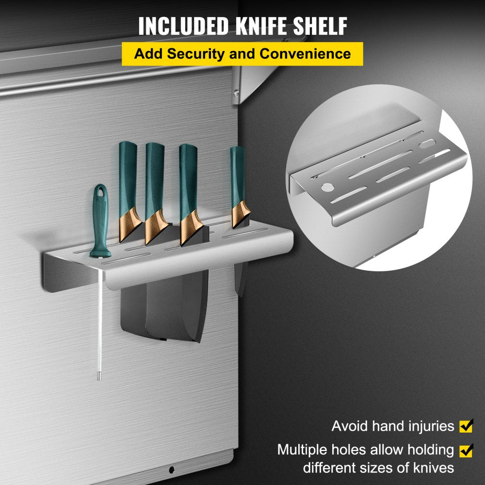 Bostome 36" stainless steel range backsplash with dual storage shelves and knife rack.