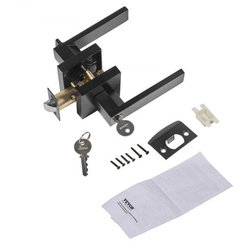 Entry Lever Door Handle, 1 PC Black Entry Knob, Lock and Key Locking Lever Set, Contemporary Square Door Lever, Reversible for Right and Left Sided Doors, 45° Rotation to Open, for Front Door
