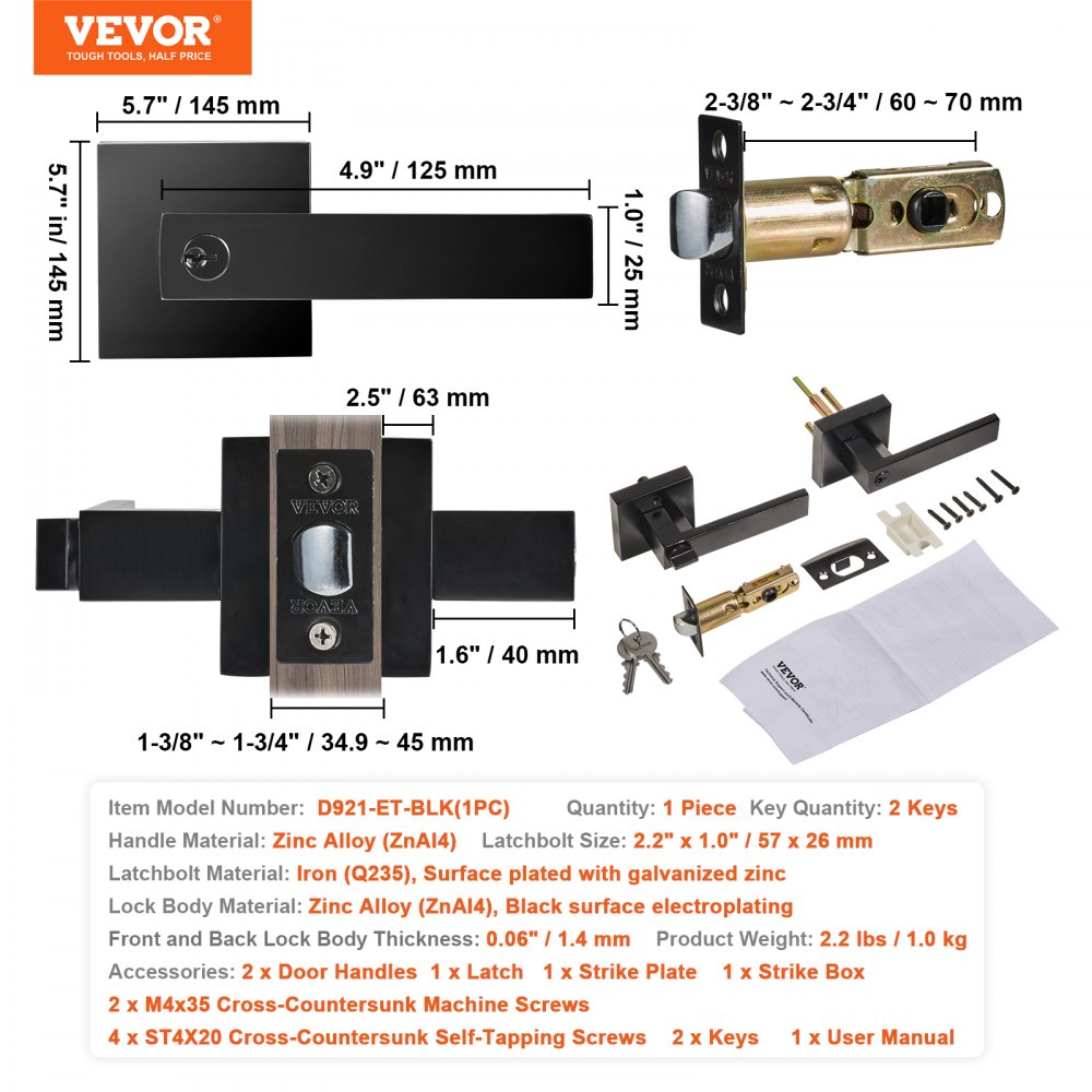 Entry Lever Door Handle, 1 PC Black Entry Knob, Lock and Key Locking Lever Set, Contemporary Square Door Lever, Reversible for Right and Left Sided Doors, 45° Rotation to Open, for Front Door