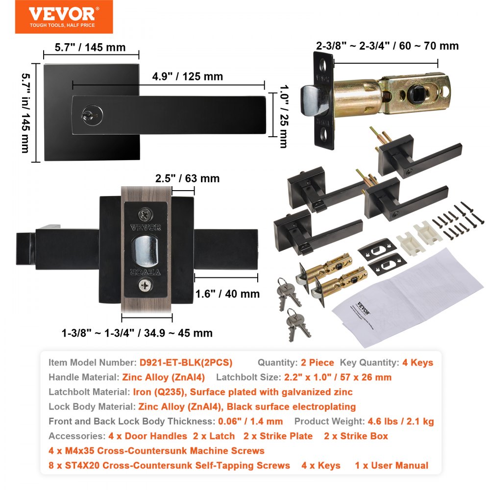 Entry Lever Door Handle, 2 PCS Black Entry Knob, Lock and Key Locking Lever Set, Contemporary Square Door Lever, Reversible for Right and Left Sided Doors, 45° Rotation to Open, for Front Door