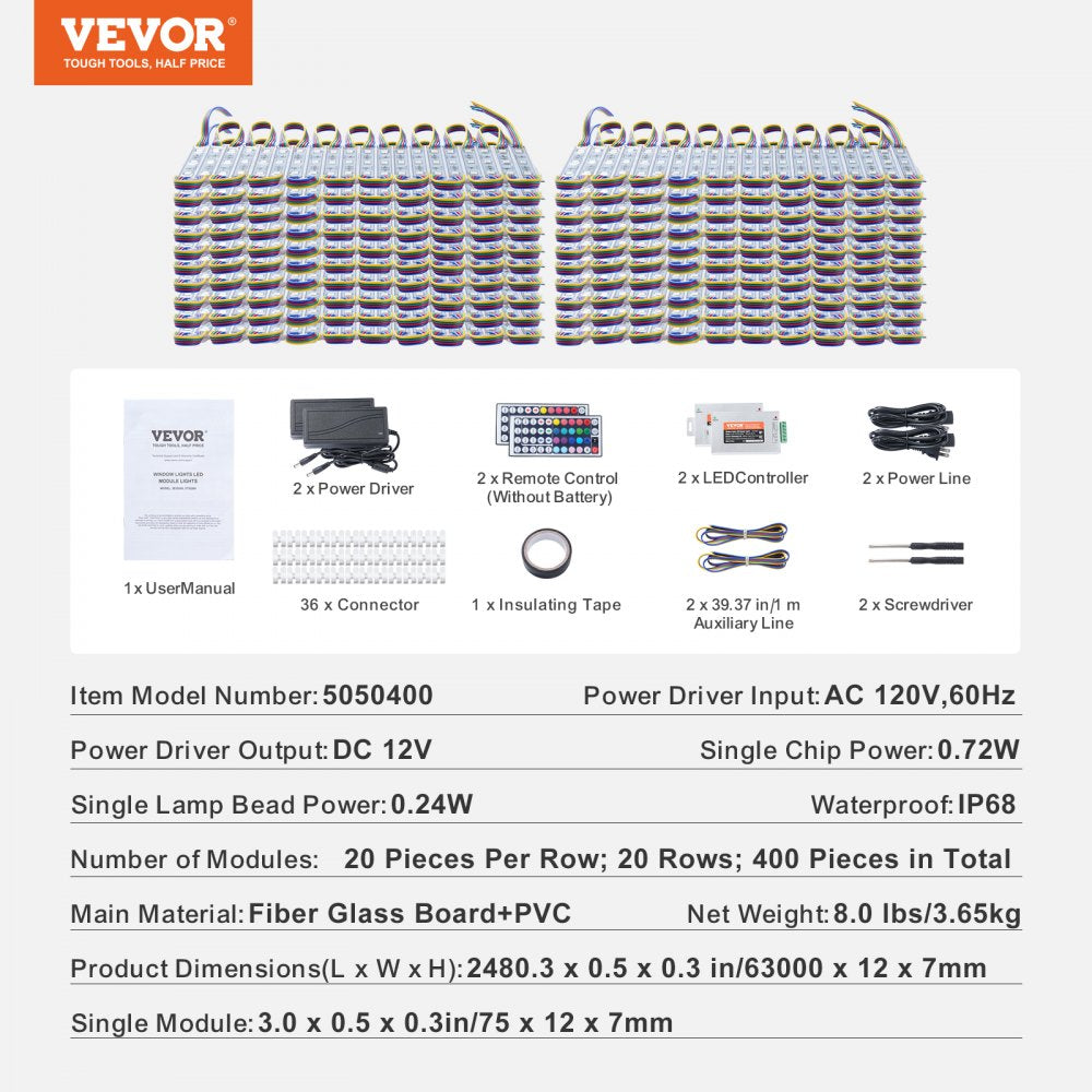 400PCS LED Storefront Lights, 207 ft, LED Module Lights, 5050 SMD 3-LED RGB Color Changing Window Lights with Remote Control for Business Store Window Advertising Letter Signs, IP68 Waterproof