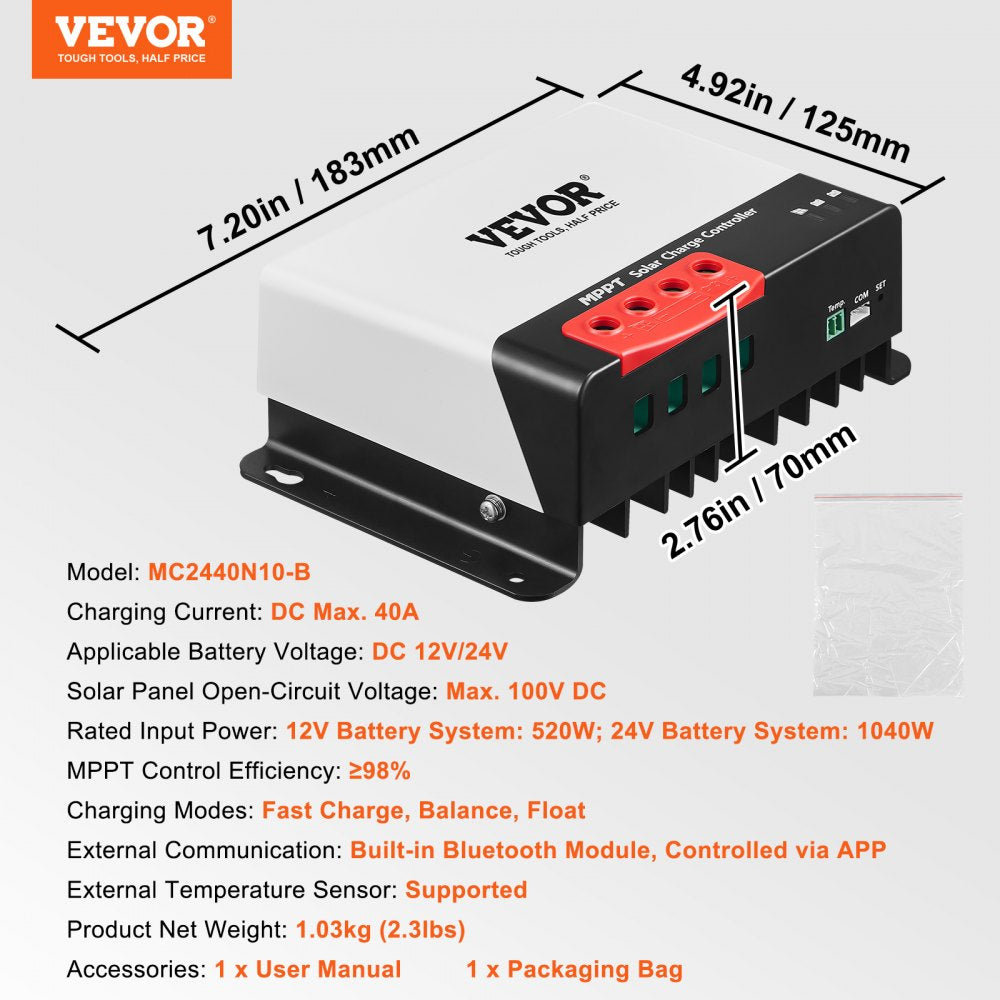 Bostome 40A MPPT solar charge controller with Bluetooth, designed for 12V/24V systems.