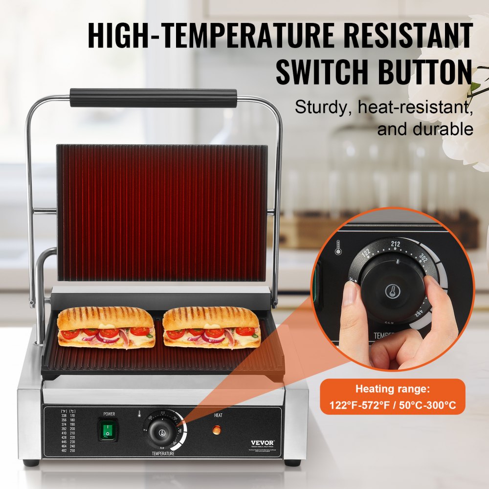 Commercial Panini Press Grill Electric Sandwich Maker Griddle Plate 14"x9"