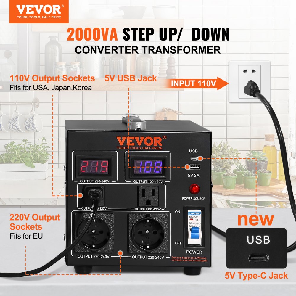 Voltage Converter Transformer, 2000W, Heavy Duty Step Up/Down Transformer, Convert from 110 Volt to 220 Volt and  from 220 Volt to 110 Volt, with US Outlet EU Outlet 5V USB Port, CE Certified