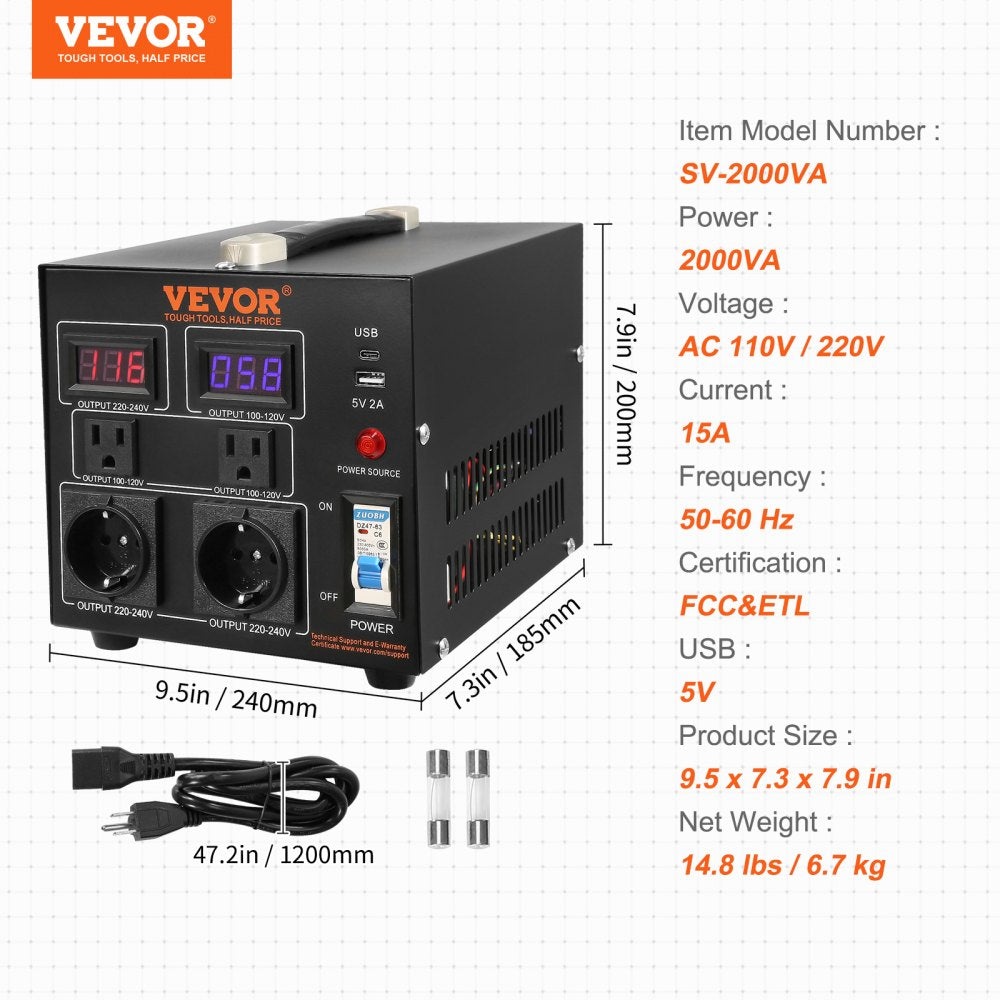 Voltage Converter Transformer, 2000W, Heavy Duty Step Up/Down Transformer, Convert from 110 Volt to 220 Volt and  from 220 Volt to 110 Volt, with US Outlet EU Outlet 5V USB Port, CE Certified