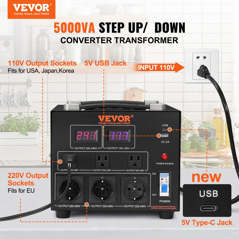 Voltage Converter Transformer, 5000W, Heavy Duty Step Up/Down Transformer, Convert from 110 Volt to 220 Volt and  from 220 Volt to 110 Volt, with US Outlet EU Outlet 5V USB Port, CE Certified