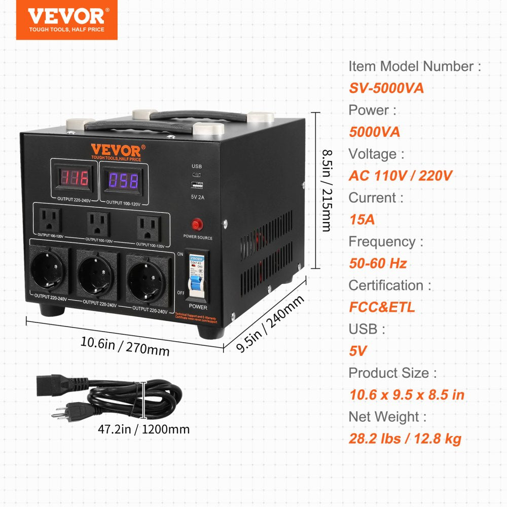 Voltage Converter Transformer, 5000W, Heavy Duty Step Up/Down Transformer, Convert from 110 Volt to 220 Volt and  from 220 Volt to 110 Volt, with US Outlet EU Outlet 5V USB Port, CE Certified