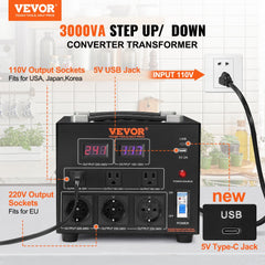 Voltage Converter Transformer, 3000W, Heavy Duty Step Up/Down Transformer, Convert from 110 Volt to 220 Volt and  from 220 Volt to 110 Volt, with US Outlet EU Outlet 5V USB Port, CE Certified