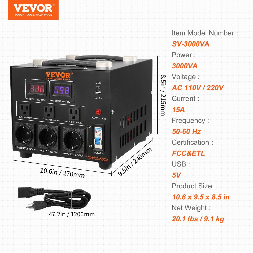 Voltage Converter Transformer, 3000W, Heavy Duty Step Up/Down Transformer, Convert from 110 Volt to 220 Volt and  from 220 Volt to 110 Volt, with US Outlet EU Outlet 5V USB Port, CE Certified