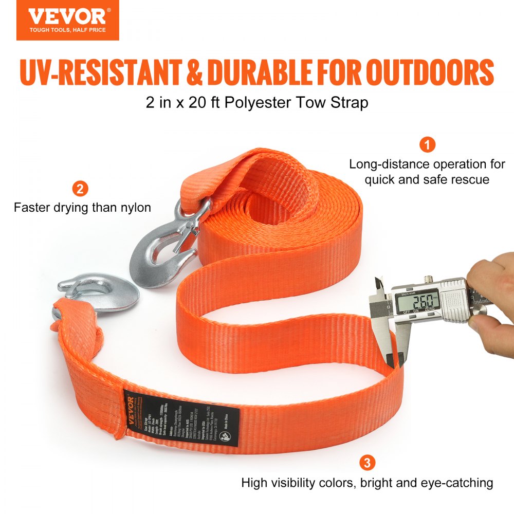 ATV Car Tow Strap with Hooks 2"x20` 17000 lbs, Tow Straps with Safety Hooks, Car Heavy Duty Recovery Rope for Trucks Vehicles Towing Accessories, Tow Cable for for Roadside Recovery