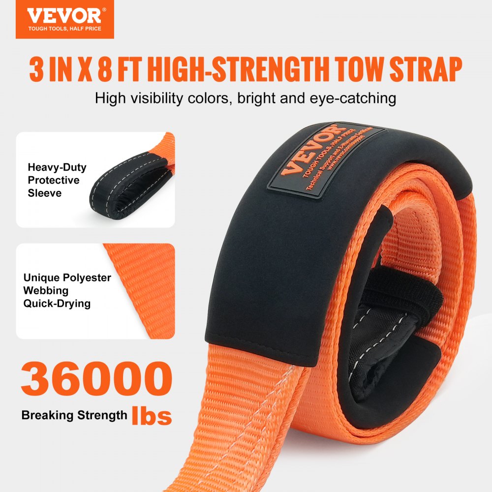 Recovery Tow Strap 3 inches, 8 feet 36,000 lbs Break Strength, Triple Reinforced Loop Straps, Tree Saver, Winch Line Extension Strap, Off Road Towing and Recovery, Extreme Weather Resistance