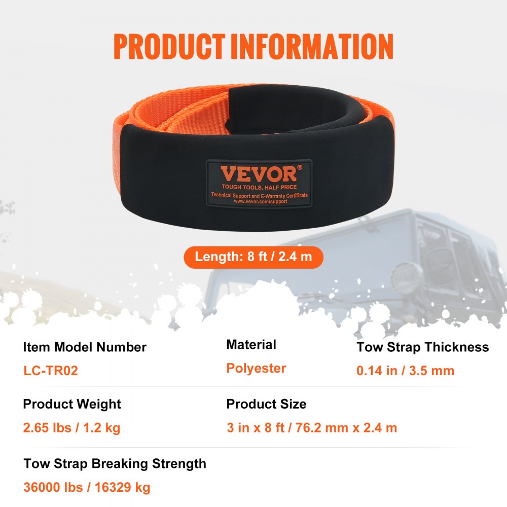 Recovery Tow Strap 3 inches, 8 feet 36,000 lbs Break Strength, Triple Reinforced Loop Straps, Tree Saver, Winch Line Extension Strap, Off Road Towing and Recovery, Extreme Weather Resistance