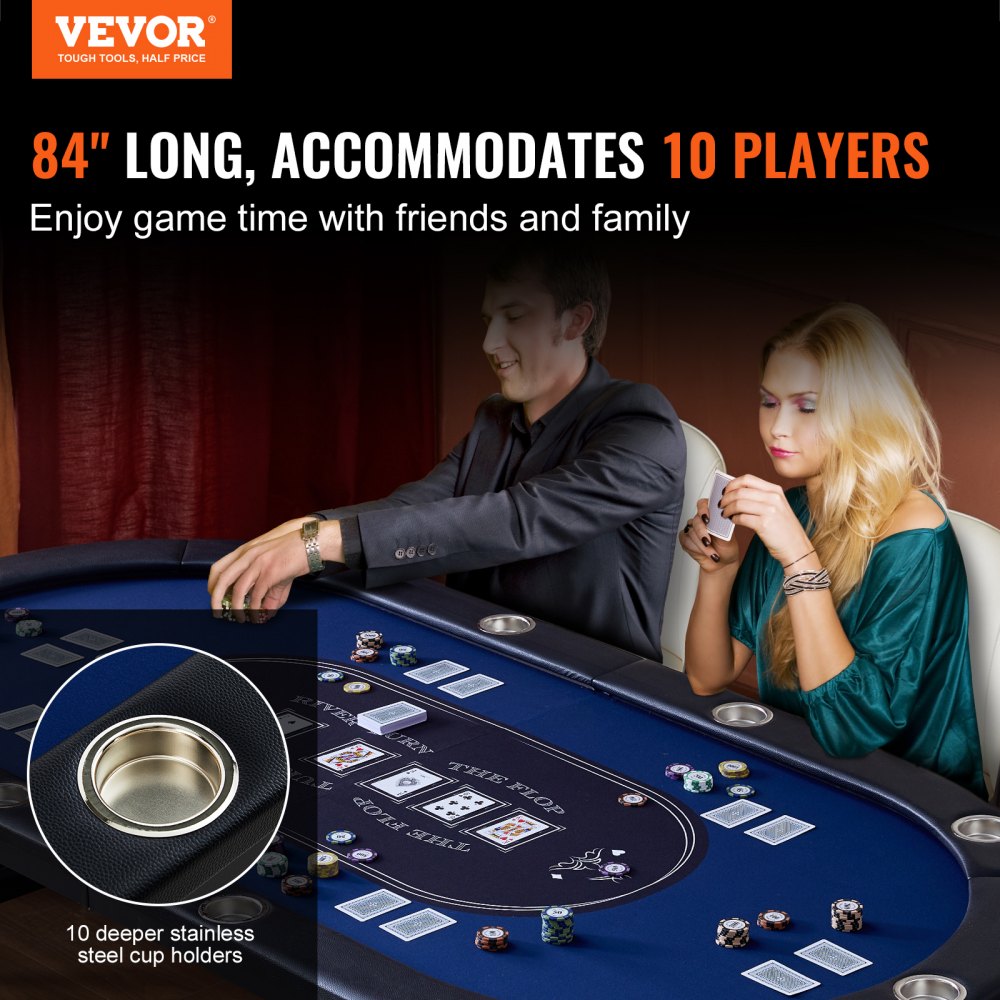 10 Player Foldable Poker Table, Blackjack Texas Holdem Poker Table with Padded Rails and Stainless Steel Cup Holders, Portable Folding Card Board Game Table, 84" Oval Casino Leisure Table