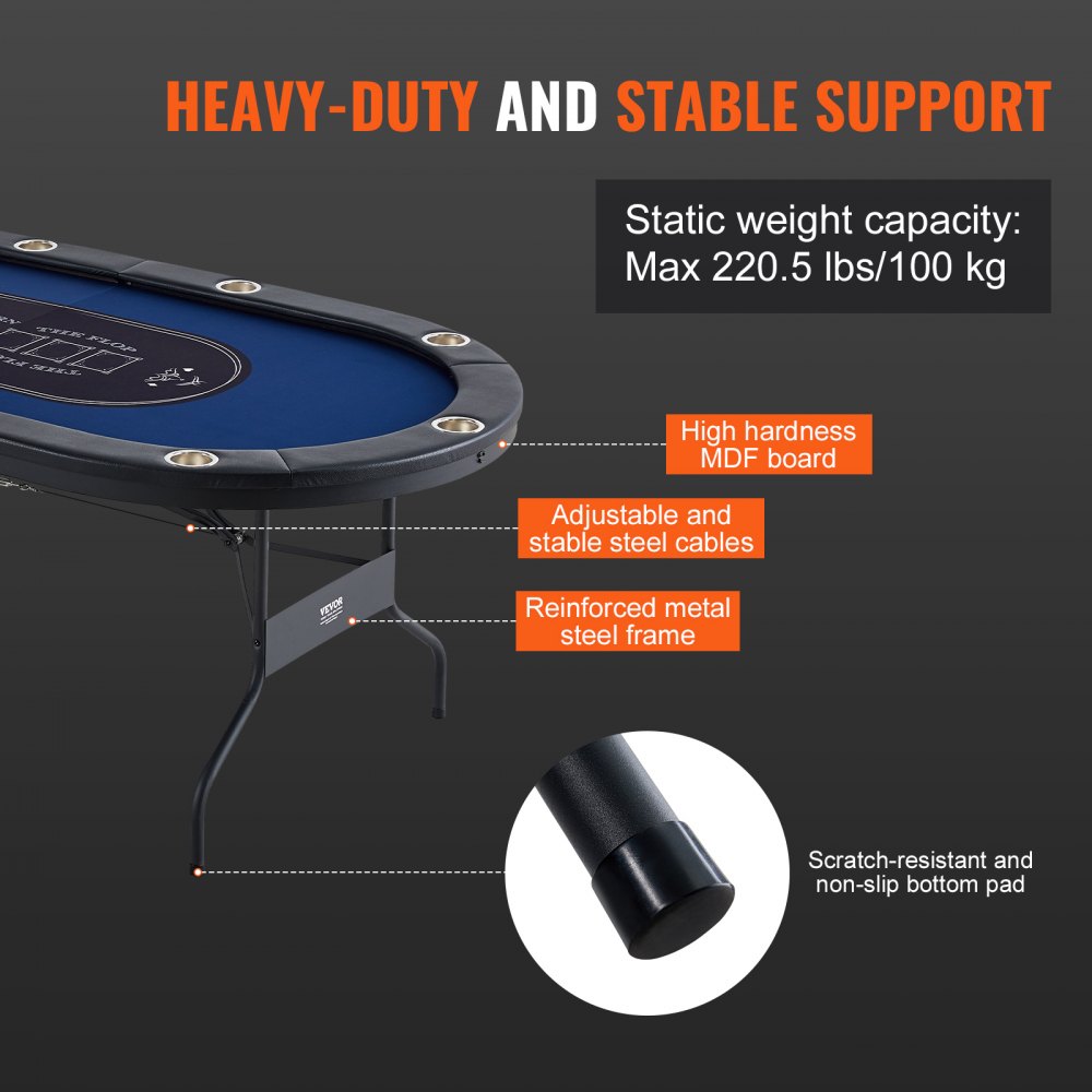 10 Player Foldable Poker Table, Blackjack Texas Holdem Poker Table with Padded Rails and Stainless Steel Cup Holders, Portable Folding Card Board Game Table, 84" Oval Casino Leisure Table