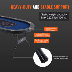 10 Player Foldable Poker Table, Blackjack Texas Holdem Poker Table with Padded Rails and Stainless Steel Cup Holders, Portable Folding Card Board Game Table, 84" Oval Casino Leisure Table