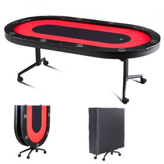 10 Player Foldable Poker Table, Blackjack Texas Holdem Poker Table with Padded Rails and Stainless Steel Cup Holders, Portable Folding Card Board Game Table, 90" Oval Casino Leisure Table