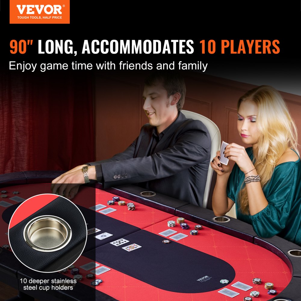 10 Player Foldable Poker Table, Blackjack Texas Holdem Poker Table with Padded Rails and Stainless Steel Cup Holders, Portable Folding Card Board Game Table, 90" Oval Casino Leisure Table