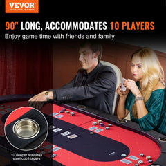10 Player Foldable Poker Table, Blackjack Texas Holdem Poker Table with Padded Rails and Stainless Steel Cup Holders, Portable Folding Card Board Game Table, 90" Oval Casino Leisure Table
